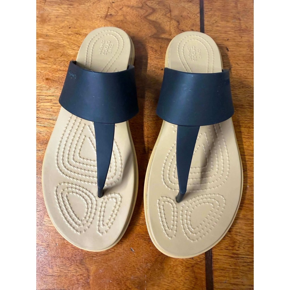 Crocs Women 9 Black Serena Flip Flop Sandal T-Strap Iconic Comfort 205468-060